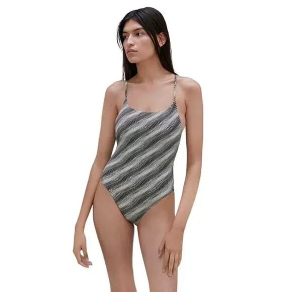 Everlane One Piece bathing suit, Black White Stripe Size Large NWT - Picture 1 of 12